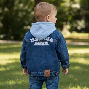 U.S. Polo Assn. Spell Out Blue Denim Embroidered Hoodie Jean Jacket Size 18 M